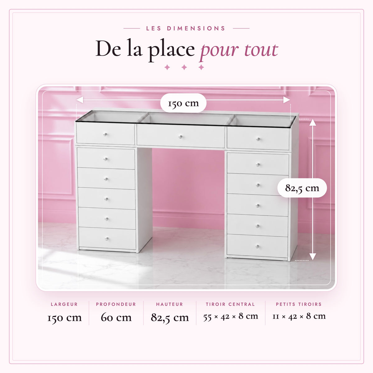 Le Duo Iconique - dimensions de la coiffeuse Princess : 150 x 60 x 82,5 cm
