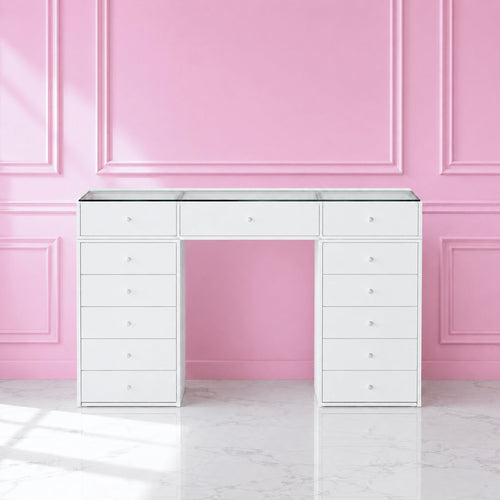 Coiffeuse Princess - coiffeuse blanche avec plateau en verre et 13 tiroirs