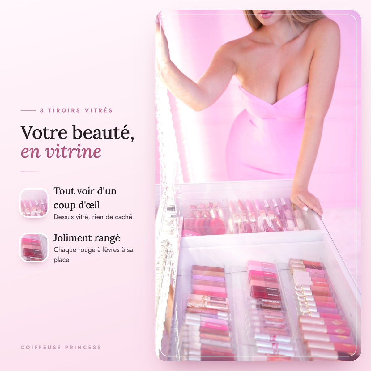 Coiffeuse Princess - 3 tiroirs vitrés, votre beauté en vitrine